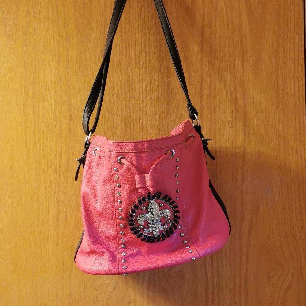 Fleur de lis leather deep bright pink purse